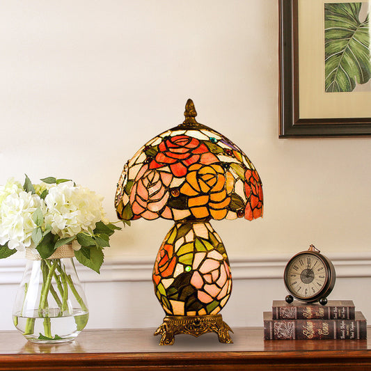 Victorian Vase Night Table Light 1-Head Stained Glass Floral Patterned Nightstand Lamp in Coffee with Bowl Shade Clearhalo 'Lamps' 'Table Lamps' Lighting' 894184