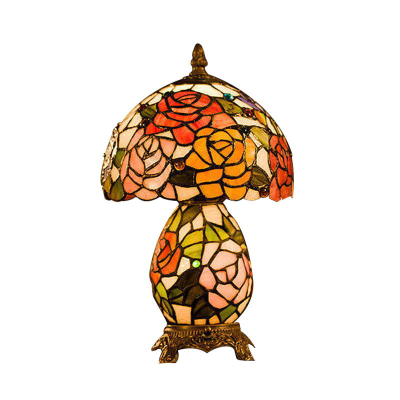 Victorian Vase Night Table Light 1-Head Stained Glass Floral Patterned Nightstand Lamp in Coffee with Bowl Shade Clearhalo 'Lamps' 'Table Lamps' Lighting' 894185