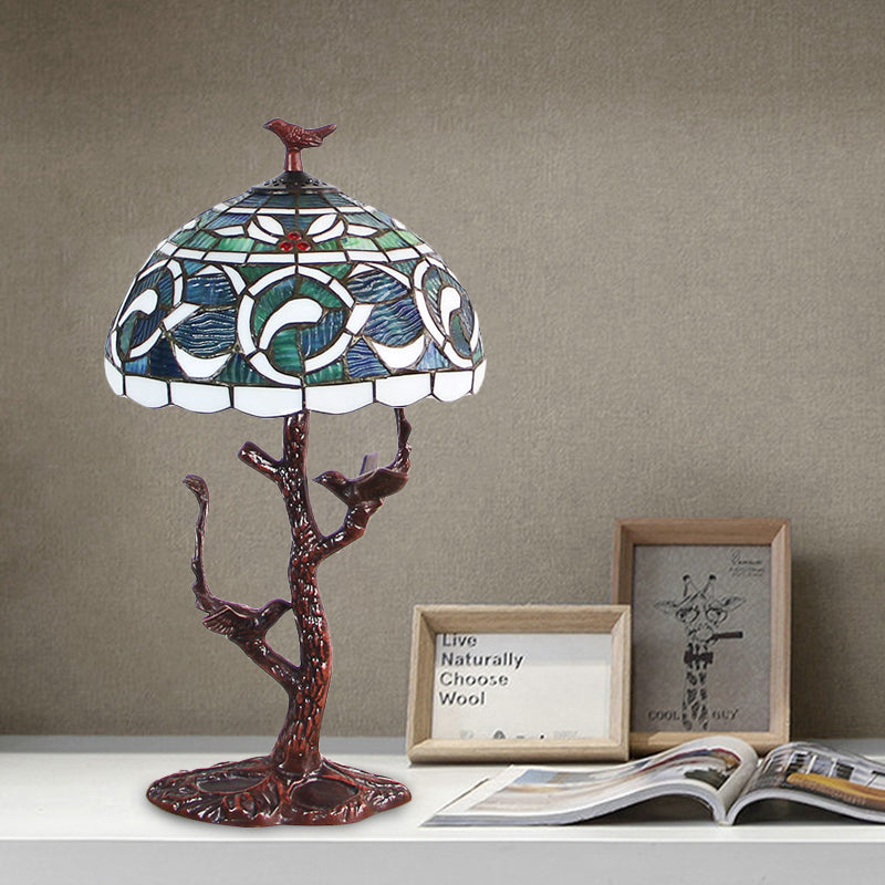 Stained Glass Dome Table Light Tiffany Style 1 Light Coffee Kapok Patterned Night Lamp with Tree Design Coffee Clearhalo 'Lamps' 'Table Lamps' Lighting' 894199
