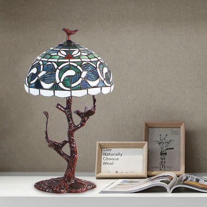 Stained Glass Dome Table Light Tiffany Style 1 Light Coffee Kapok Patterned Night Lamp with Tree Design Coffee Clearhalo 'Lamps' 'Table Lamps' Lighting' 894199