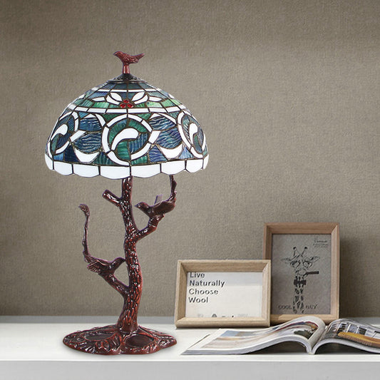 Stained Glass Dome Table Light Tiffany Style 1 Light Coffee Kapok Patterned Night Lamp with Tree Design Coffee Clearhalo 'Lamps' 'Table Lamps' Lighting' 894199