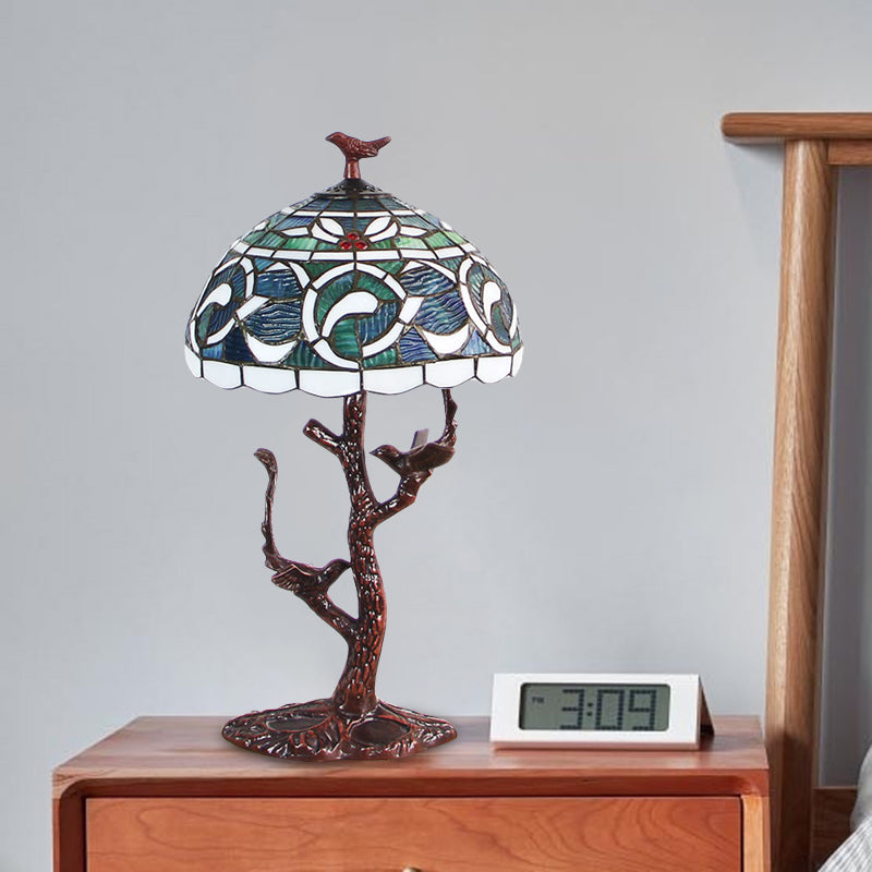 Stained Glass Dome Table Light Tiffany Style 1 Light Coffee Kapok Patterned Night Lamp with Tree Design Clearhalo 'Lamps' 'Table Lamps' Lighting' 894200