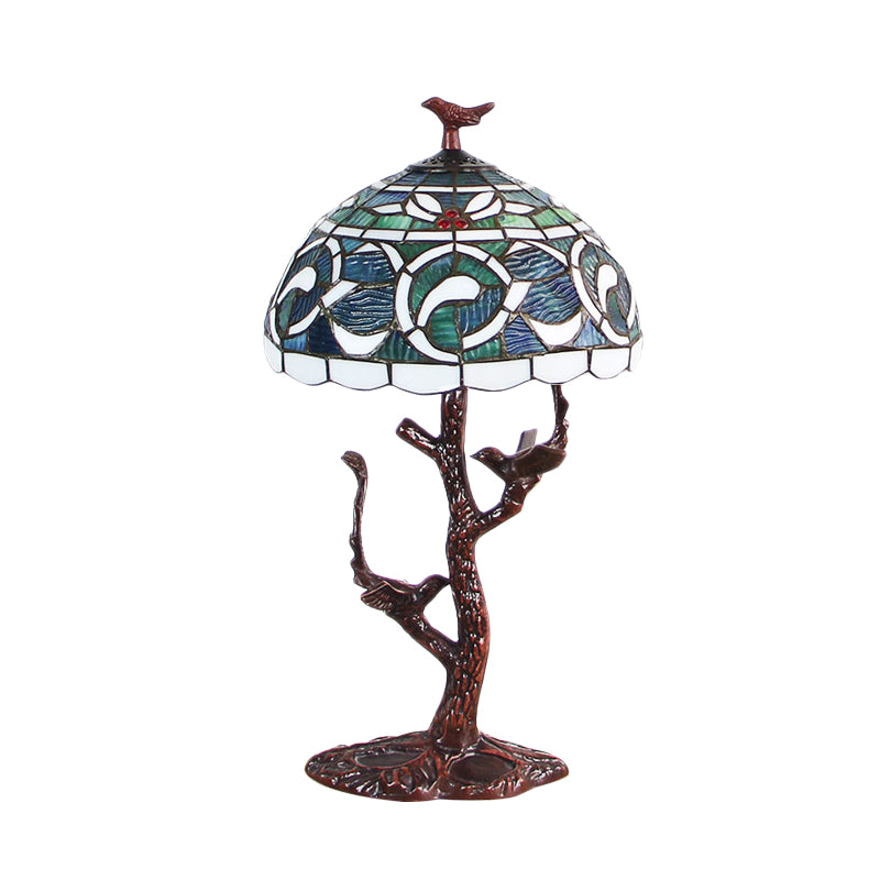 Stained Glass Dome Table Light Tiffany Style 1 Light Coffee Kapok Patterned Night Lamp with Tree Design Clearhalo 'Lamps' 'Table Lamps' Lighting' 894201