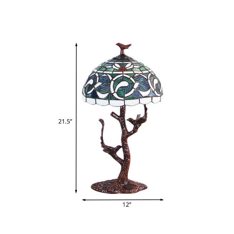 Stained Glass Dome Table Light Tiffany Style 1 Light Coffee Kapok Patterned Night Lamp with Tree Design Clearhalo 'Lamps' 'Table Lamps' Lighting' 894202
