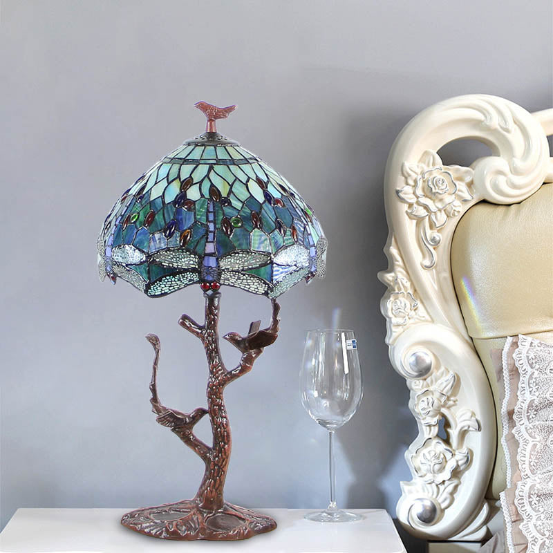 Dragonfly Stained Art Glass Night Light Victorian 1 Head Coffee Nightstand Lamp with Domed Shade and Bird Deco Coffee Clearhalo 'Lamps' 'Table Lamps' Lighting' 894203