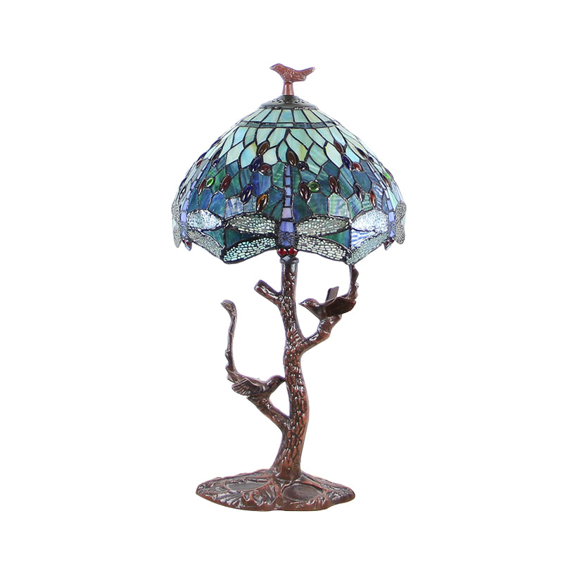 Dragonfly Stained Art Glass Night Light Victorian 1 Head Coffee Nightstand Lamp with Domed Shade and Bird Deco Clearhalo 'Lamps' 'Table Lamps' Lighting' 894205