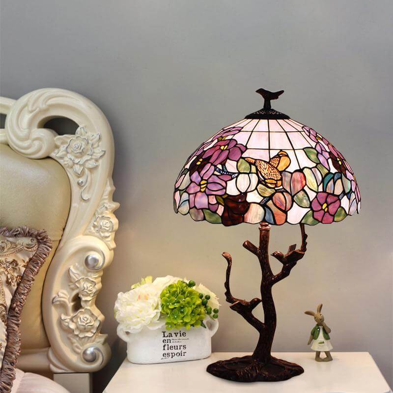 1 Bulb Bedroom Night Lamp Tiffany Coffee Flower Patterned Table Lighting with Bowl Hand Cut Glass Shade Clearhalo 'Lamps' 'Table Lamps' Lighting' 894207-sw