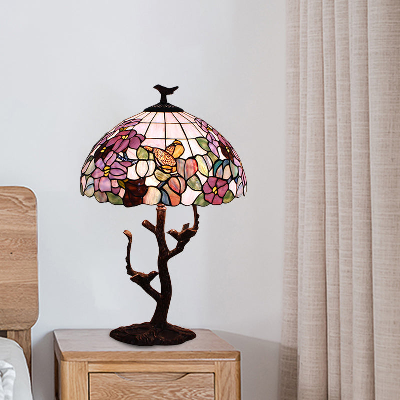 1 Bulb Bedroom Night Lamp Tiffany Coffee Flower Patterned Table Lighting with Bowl Hand Cut Glass Shade Clearhalo 'Lamps' 'Table Lamps' Lighting' 894208