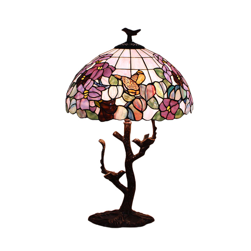 1 Bulb Bedroom Night Lamp Tiffany Coffee Flower Patterned Table Lighting with Bowl Hand Cut Glass Shade Clearhalo 'Lamps' 'Table Lamps' Lighting' 894209