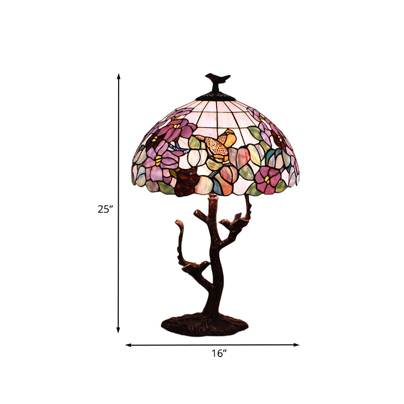 1 Bulb Bedroom Night Lamp Tiffany Coffee Flower Patterned Table Lighting with Bowl Hand Cut Glass Shade Clearhalo 'Lamps' 'Table Lamps' Lighting' 894210