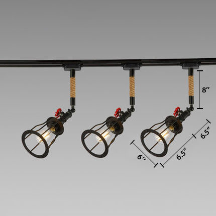 Linear Metal Ceiling Fixture with Cage Shade Vintage 3 Lights Living Room Island Lighting with Rope and Valve in Black Clearhalo 'Ceiling Lights' 'Island Lights' Lighting' 89427