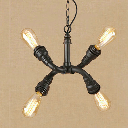 Industrial Stylish Bare Bulb Chandelier Pendant Light 4-Light Iron Chandelier Lamp with Water Pipe in Black Black Clearhalo 'Cast Iron' 'Ceiling Lights' 'Chandeliers' 'Industrial Chandeliers' 'Industrial' 'Metal' 'Middle Century Chandeliers' 'Rustic Chandeliers' 'Tiffany' Lighting' 89428