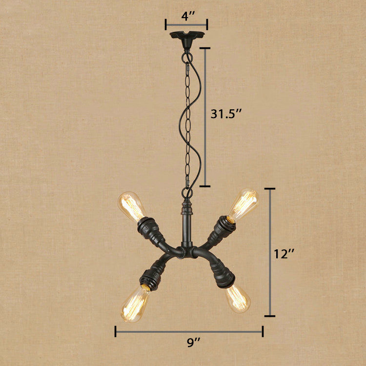 Industrial Stylish Bare Bulb Chandelier Pendant Light 4-Light Iron Chandelier Lamp with Water Pipe in Black Clearhalo 'Cast Iron' 'Ceiling Lights' 'Chandeliers' 'Industrial Chandeliers' 'Industrial' 'Metal' 'Middle Century Chandeliers' 'Rustic Chandeliers' 'Tiffany' Lighting' 89429