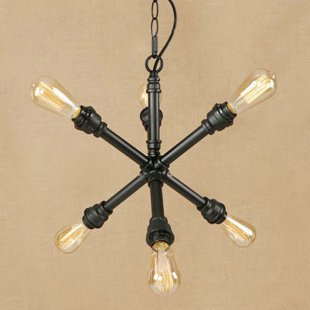 6-Light Pendant Light Industrial Style Sputnik Metal Pendant Chandelier Light with Water Pipe in Black Black Clearhalo 'Cast Iron' 'Ceiling Lights' 'Chandeliers' 'Industrial Chandeliers' 'Industrial' 'Metal' 'Middle Century Chandeliers' 'Rustic Chandeliers' 'Tiffany' Lighting' 89430