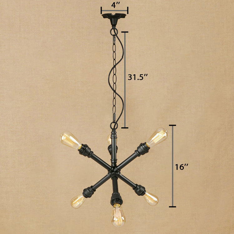 6-Light Pendant Light Industrial Style Sputnik Metal Pendant Chandelier Light with Water Pipe in Black Clearhalo 'Cast Iron' 'Ceiling Lights' 'Chandeliers' 'Industrial Chandeliers' 'Industrial' 'Metal' 'Middle Century Chandeliers' 'Rustic Chandeliers' 'Tiffany' Lighting' 89431