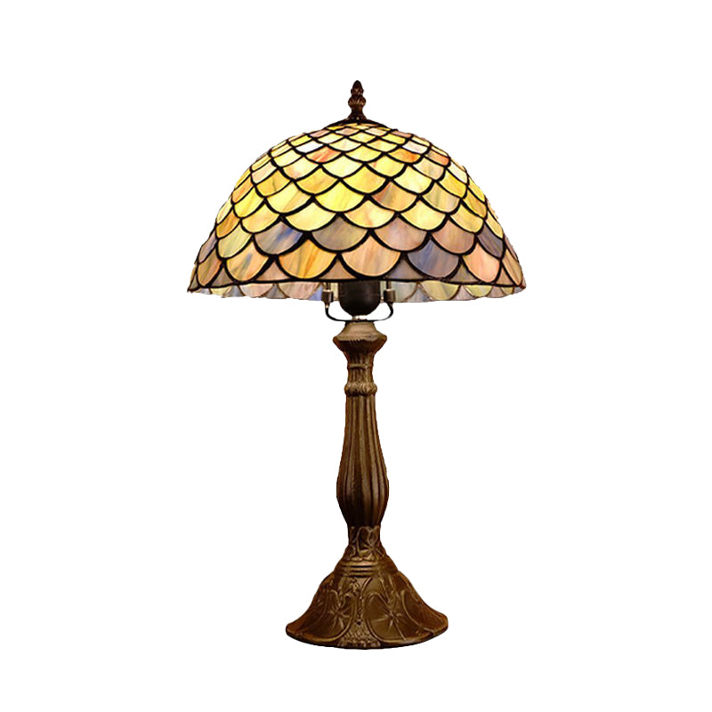 Hand Cut Glass Dome Nightstand Lamp Baroque 1 Head Bronze Table Lighting with Scale Pattern Clearhalo 'Lamps' 'Table Lamps' Lighting' 894325