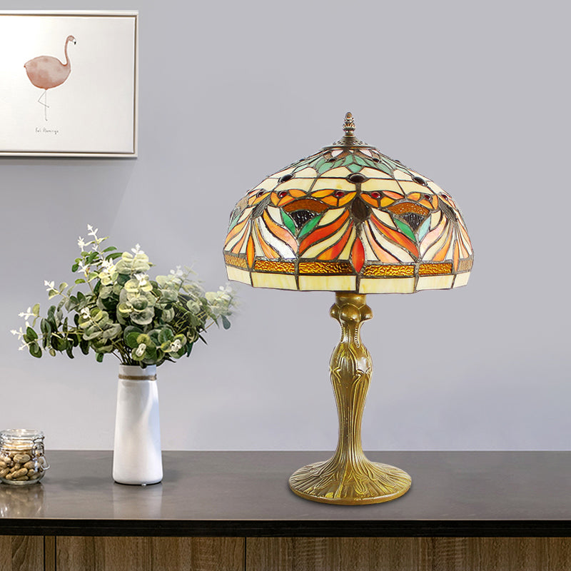 Dome Shade Cut Glass Nightstand Light Victorian 1-Bulb Bronze Night Table Lamp with Fish Pattern Bronze Clearhalo 'Lamps' 'Table Lamps' Lighting' 894327