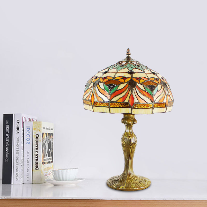 Dome Shade Cut Glass Nightstand Light Victorian 1-Bulb Bronze Night Table Lamp with Fish Pattern Clearhalo 'Lamps' 'Table Lamps' Lighting' 894328