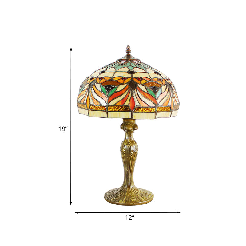 Dome Shade Cut Glass Nightstand Light Victorian 1-Bulb Bronze Night Table Lamp with Fish Pattern Clearhalo 'Lamps' 'Table Lamps' Lighting' 894330