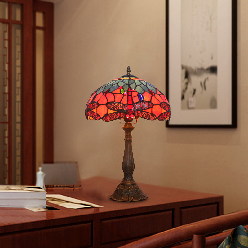 1 Bulb Night Table Lighting Tiffany Stained Art Glass Dragonfly Patterned Nightstand Light in Bronze Clearhalo 'Lamps' 'Table Lamps' Lighting' 894344