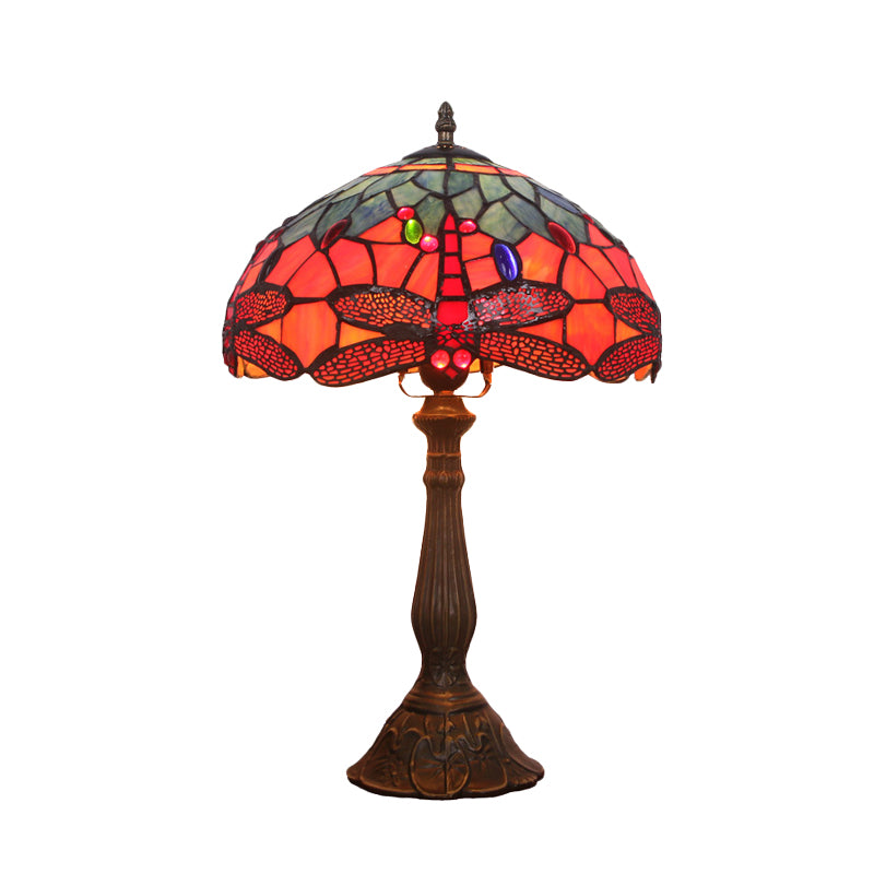 1 Bulb Night Table Lighting Tiffany Stained Art Glass Dragonfly Patterned Nightstand Light in Bronze Clearhalo 'Lamps' 'Table Lamps' Lighting' 894345