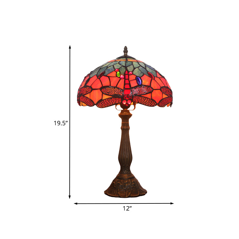 1 Bulb Night Table Lighting Tiffany Stained Art Glass Dragonfly Patterned Nightstand Light in Bronze Clearhalo 'Lamps' 'Table Lamps' Lighting' 894346