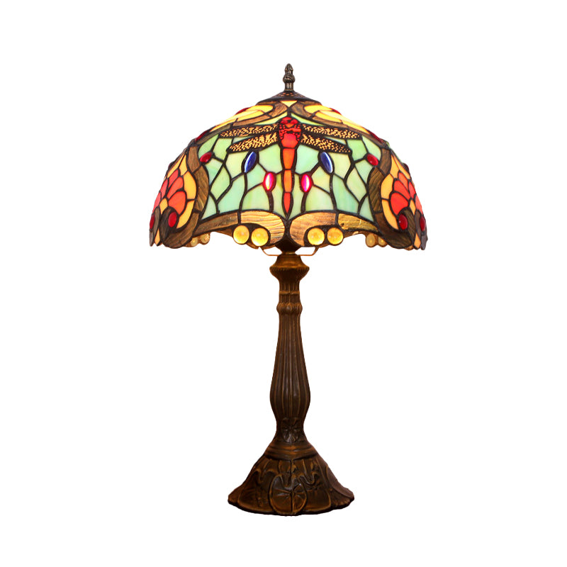Bronze Domed Table Lamp Mediterranean 1 Light Hand Cut Glass Dragonfly Patterned Night Lighting Clearhalo 'Lamps' 'Table Lamps' Lighting' 894349