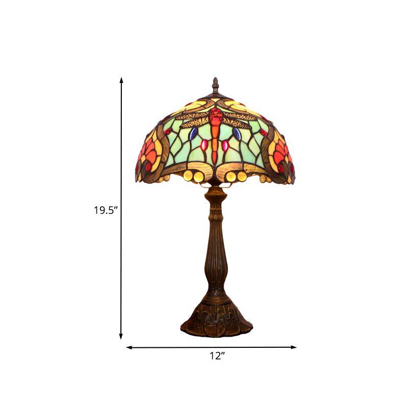 Bronze Domed Table Lamp Mediterranean 1 Light Hand Cut Glass Dragonfly Patterned Night Lighting Clearhalo 'Lamps' 'Table Lamps' Lighting' 894350