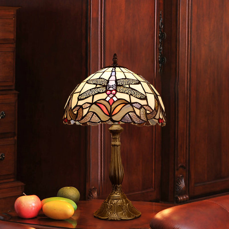 Baroque Dragonfly Table Light 1-Light Stained Glass Night Lamp in Bronze with Bowl Shade Bronze Clearhalo 'Lamps' 'Table Lamps' Lighting' 894351