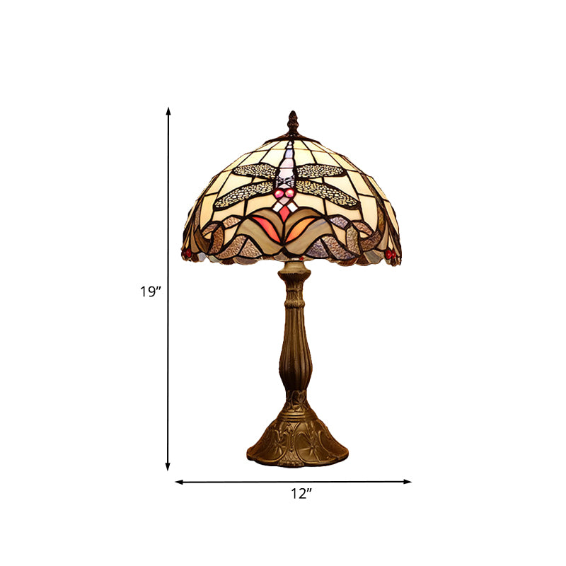 Baroque Dragonfly Table Light 1-Light Stained Glass Night Lamp in Bronze with Bowl Shade Clearhalo 'Lamps' 'Table Lamps' Lighting' 894354