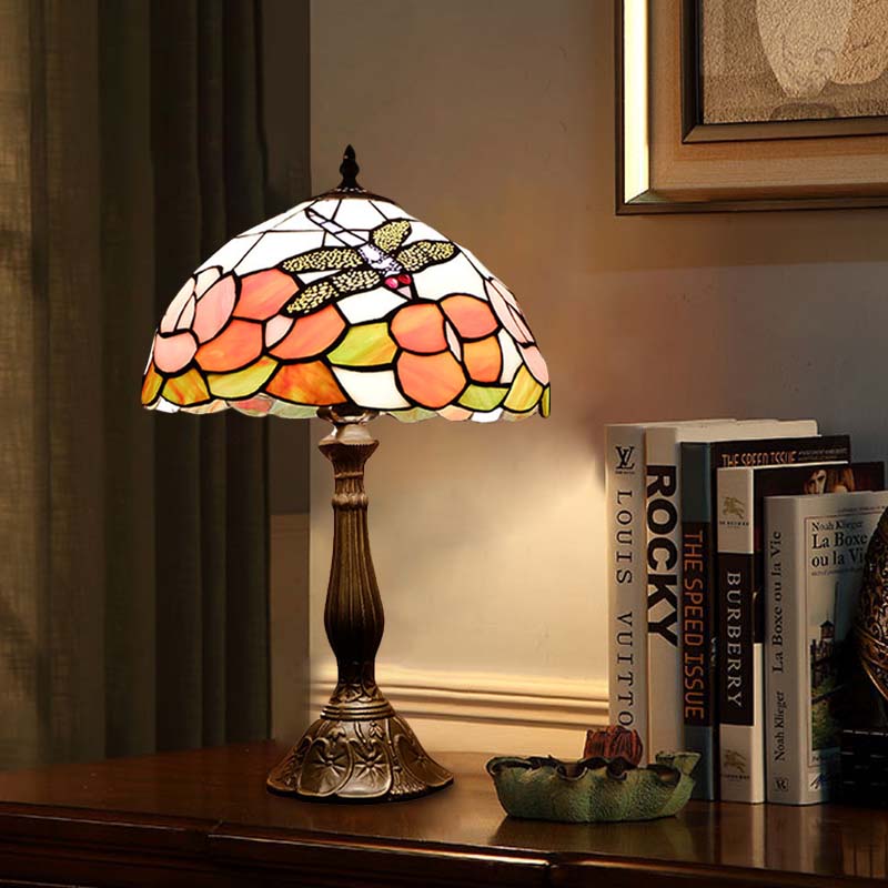 Bronze 1 Light Table Lighting Tiffany Stained Art Glass Dome Shape Flower and Dragonfly Patterned Night Light Bronze Clearhalo 'Lamps' 'Table Lamps' Lighting' 894355