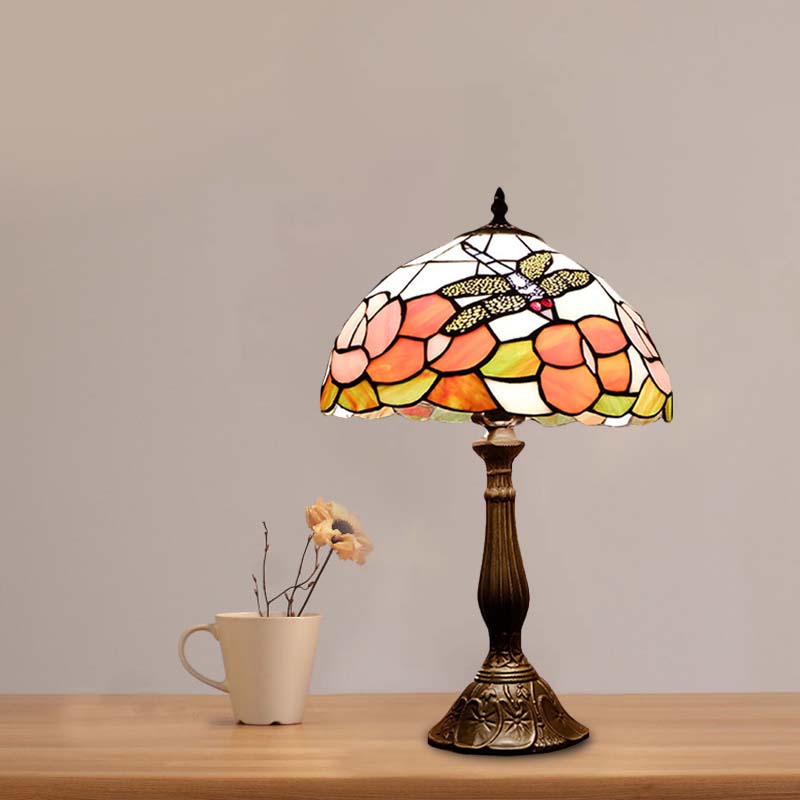 Bronze 1 Light Table Lighting Tiffany Stained Art Glass Dome Shape Flower and Dragonfly Patterned Night Light Clearhalo 'Lamps' 'Table Lamps' Lighting' 894356