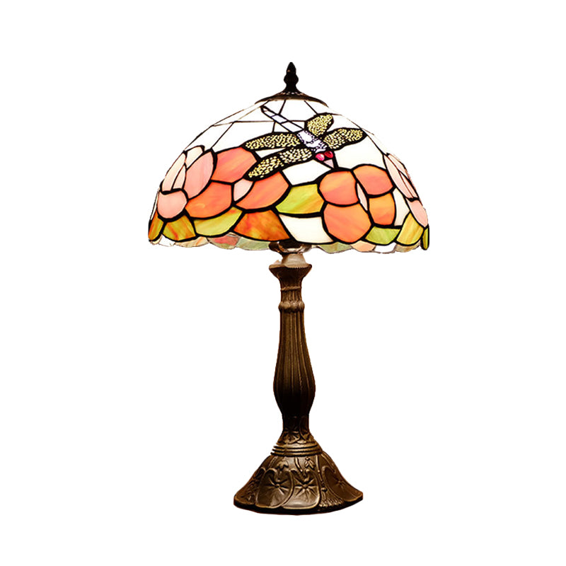 Bronze 1 Light Table Lighting Tiffany Stained Art Glass Dome Shape Flower and Dragonfly Patterned Night Light Clearhalo 'Lamps' 'Table Lamps' Lighting' 894357