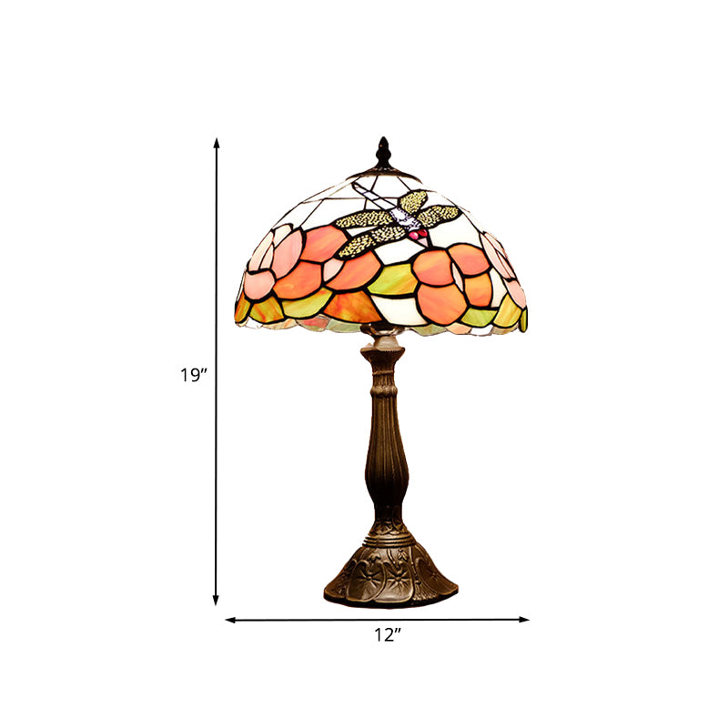 Bronze 1 Light Table Lighting Tiffany Stained Art Glass Dome Shape Flower and Dragonfly Patterned Night Light Clearhalo 'Lamps' 'Table Lamps' Lighting' 894358