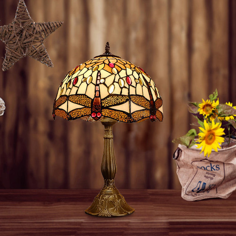 1-Bulb Domed Night Lamp Mediterranean Bronze Hand Cut Glass Nightstand Light with Dragonfly Pattern Bronze Clearhalo 'Lamps' 'Table Lamps' Lighting' 894359