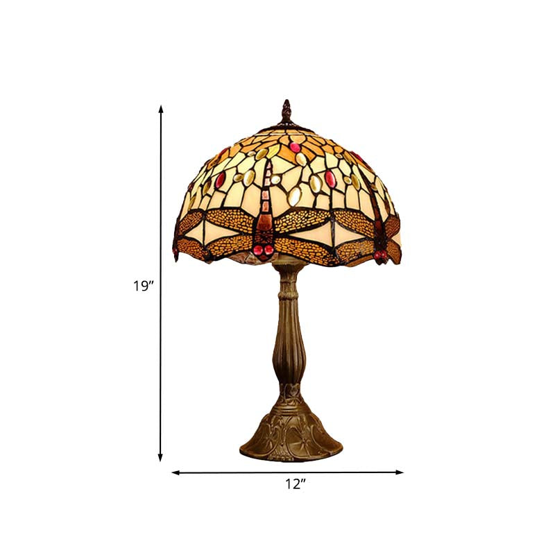 1-Bulb Domed Night Lamp Mediterranean Bronze Hand Cut Glass Nightstand Light with Dragonfly Pattern Clearhalo 'Lamps' 'Table Lamps' Lighting' 894362