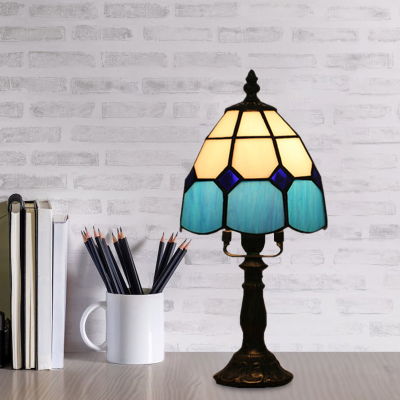 Dome Night Light Mission Stained Art Glass 1 Head Beige/Yellow/Orange Grid Patterned Nightstand Lighting for Bedroom Clearhalo 'Lamps' 'Table Lamps' Lighting' 894364