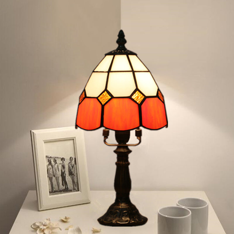 Dome Night Light Mission Stained Art Glass 1 Head Beige/Yellow/Orange Grid Patterned Nightstand Lighting for Bedroom Orange Clearhalo 'Lamps' 'Table Lamps' Lighting' 894367