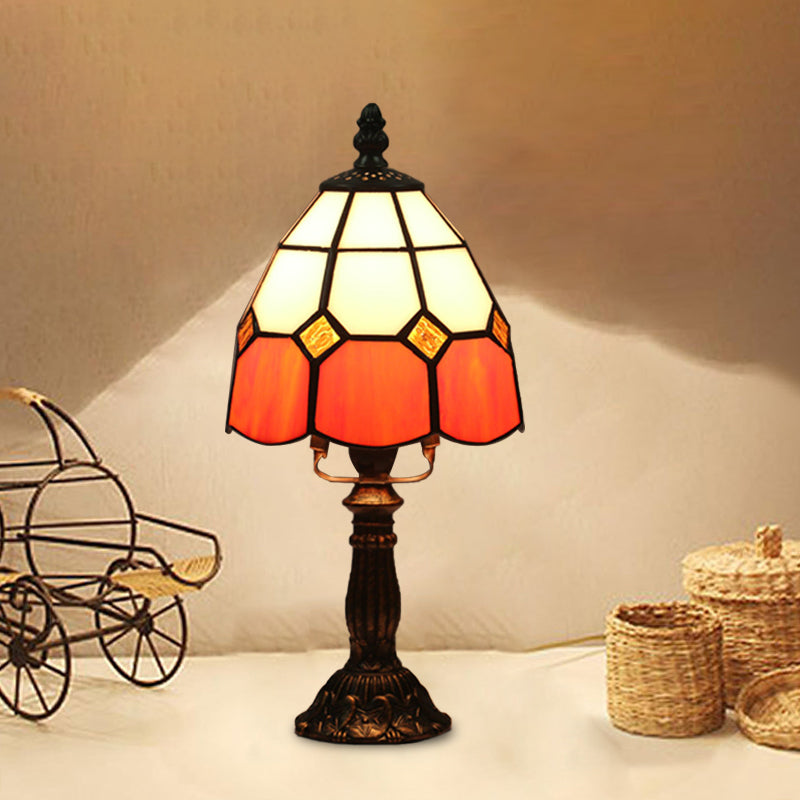 Dome Night Light Mission Stained Art Glass 1 Head Beige/Yellow/Orange Grid Patterned Nightstand Lighting for Bedroom Clearhalo 'Lamps' 'Table Lamps' Lighting' 894368