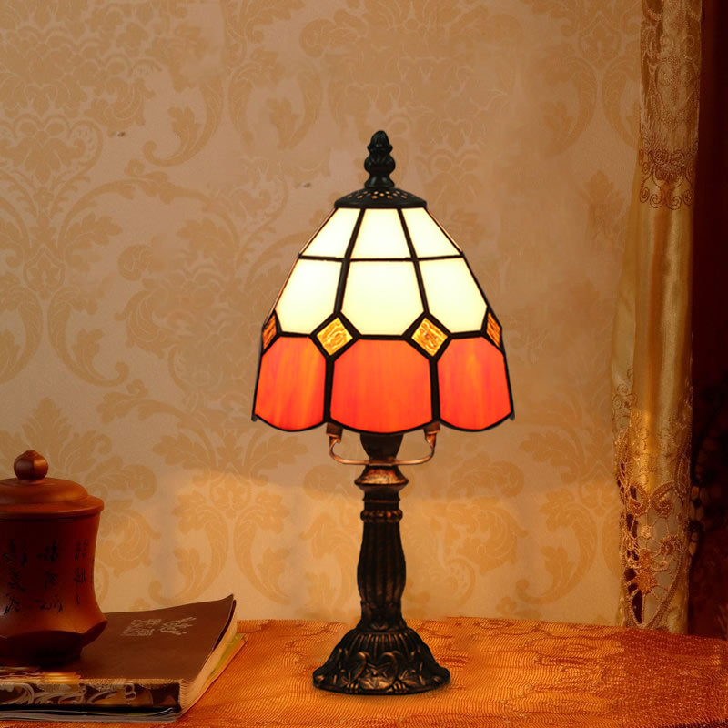 Dome Night Light Mission Stained Art Glass 1 Head Beige/Yellow/Orange Grid Patterned Nightstand Lighting for Bedroom Clearhalo 'Lamps' 'Table Lamps' Lighting' 894369