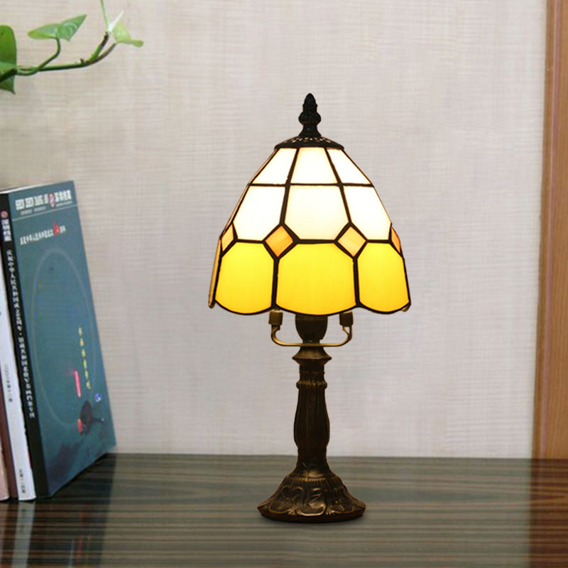 Dome Night Light Mission Stained Art Glass 1 Head Beige/Yellow/Orange Grid Patterned Nightstand Lighting for Bedroom Clearhalo 'Lamps' 'Table Lamps' Lighting' 894373