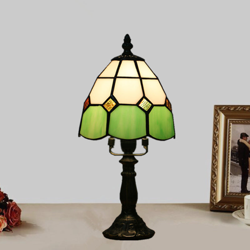 Dome Night Light Mission Stained Art Glass 1 Head Beige/Yellow/Orange Grid Patterned Nightstand Lighting for Bedroom Green Clearhalo 'Lamps' 'Table Lamps' Lighting' 894375