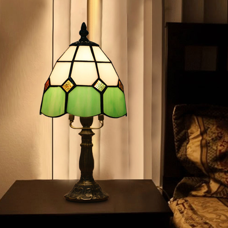 Dome Night Light Mission Stained Art Glass 1 Head Beige/Yellow/Orange Grid Patterned Nightstand Lighting for Bedroom Clearhalo 'Lamps' 'Table Lamps' Lighting' 894376