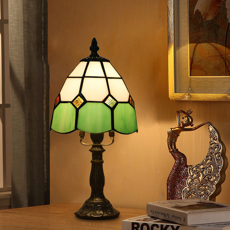 Dome Night Light Mission Stained Art Glass 1 Head Beige/Yellow/Orange Grid Patterned Nightstand Lighting for Bedroom Clearhalo 'Lamps' 'Table Lamps' Lighting' 894377