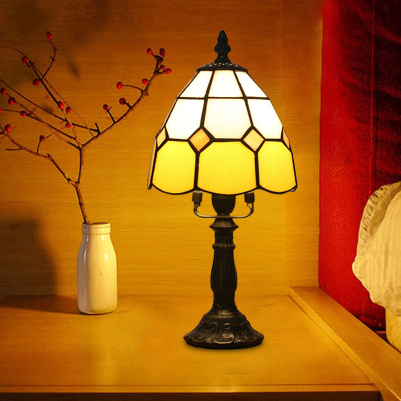 Dome Night Light Mission Stained Art Glass 1 Head Beige/Yellow/Orange Grid Patterned Nightstand Lighting for Bedroom Beige Clearhalo 'Lamps' 'Table Lamps' Lighting' 894379