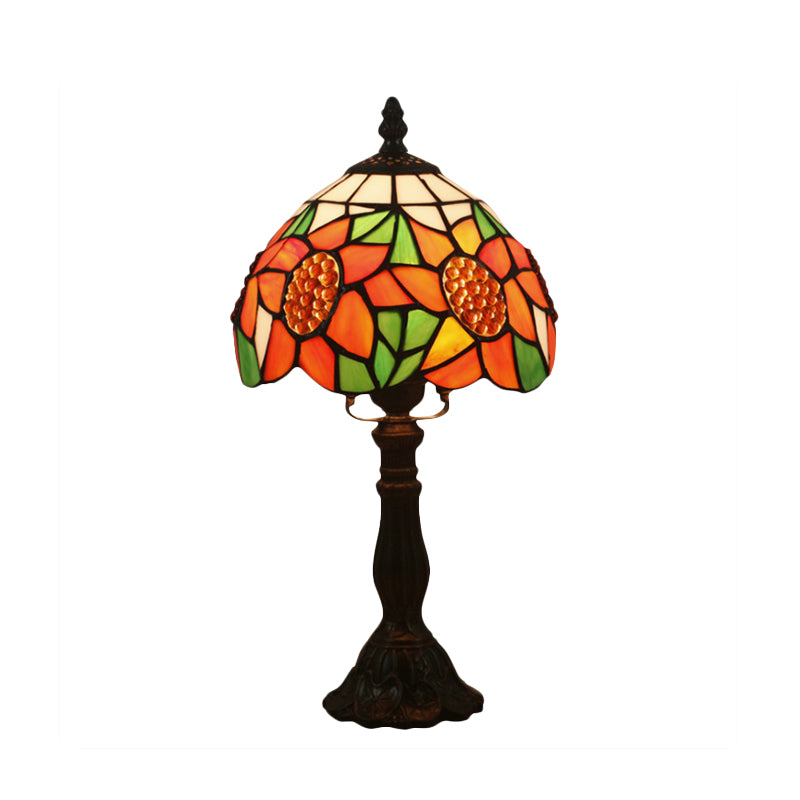 1 Light Bedroom Nightstand Light Mediterranean Bronze Sunflower Patterned Night Lighting with Bowl Stained Glass Shade Clearhalo 'Lamps' 'Table Lamps' Lighting' 894401