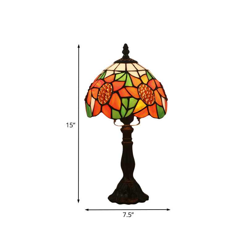 1 Light Bedroom Nightstand Light Mediterranean Bronze Sunflower Patterned Night Lighting with Bowl Stained Glass Shade Clearhalo 'Lamps' 'Table Lamps' Lighting' 894402