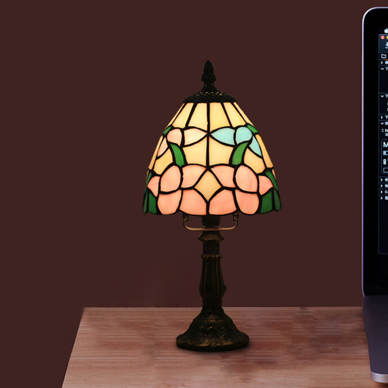 Dome Shape Nightstand Lighting 1-Light Stained Glass Baroque Style Blossom Patterned Table Lamp in Red/Pink/Orange Pink Clearhalo 'Lamps' 'Table Lamps' Lighting' 894403
