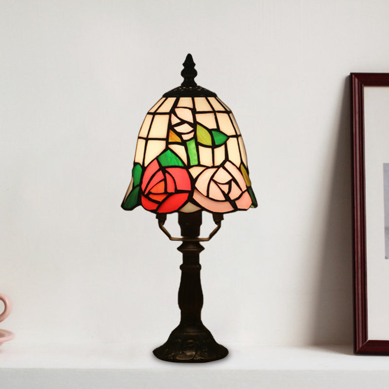 1 Bulb Night Lighting Baroque Bell Shade Stained Art Glass Table Light in Pink/Orange with Bloom Pattern for Bedside Clearhalo 'Lamps' 'Table Lamps' Lighting' 894436