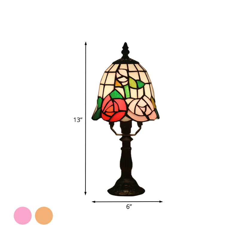 1 Bulb Night Lighting Baroque Bell Shade Stained Art Glass Table Light in Pink/Orange with Bloom Pattern for Bedside Clearhalo 'Lamps' 'Table Lamps' Lighting' 894438
